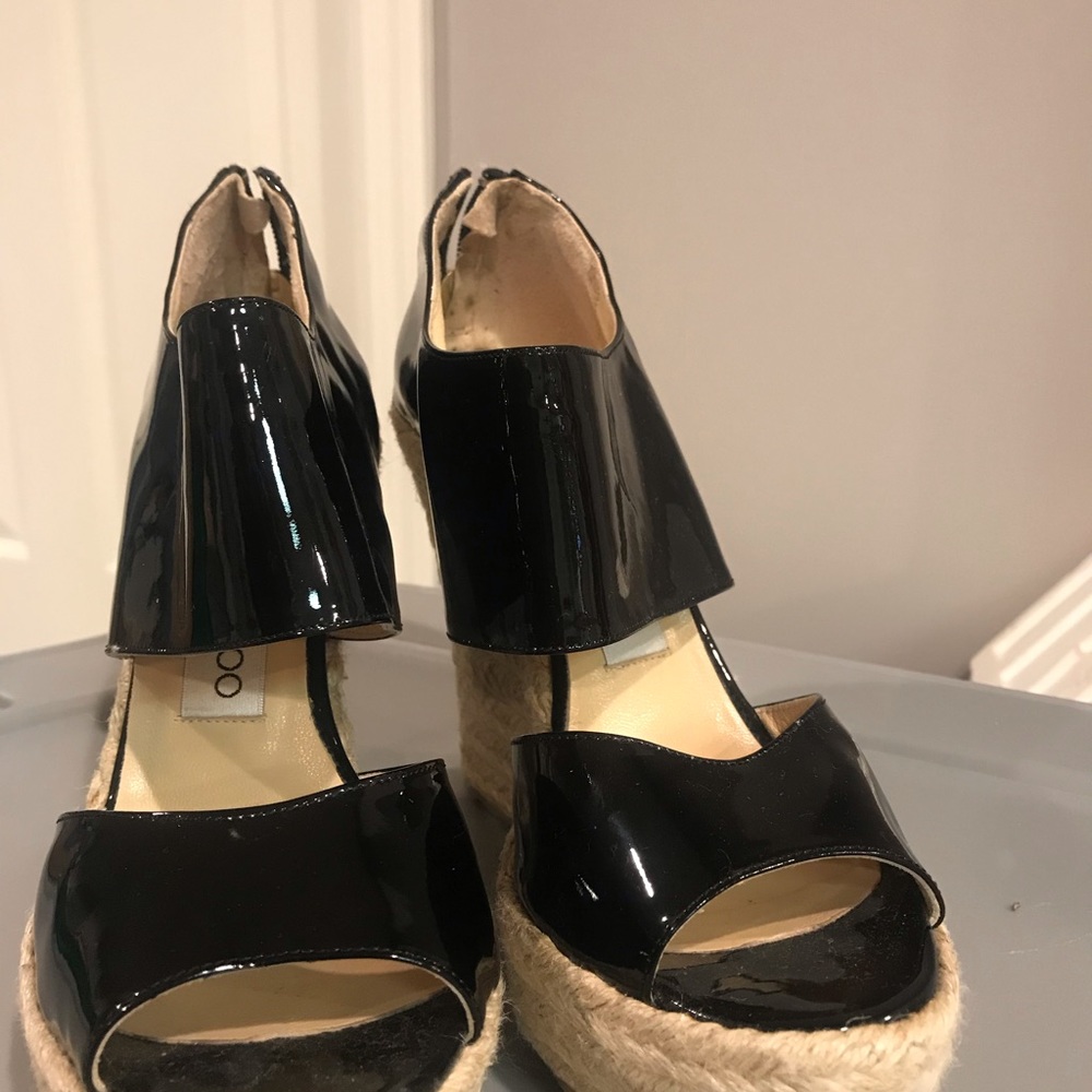 Jimmy Choo Patent leather black wedge espadrilles